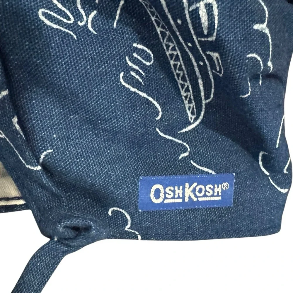 VTG 90s Oshkosh Baby Sun Hat Blue‎ Linen Boats Bonnet Tie Strap Nautical Beach